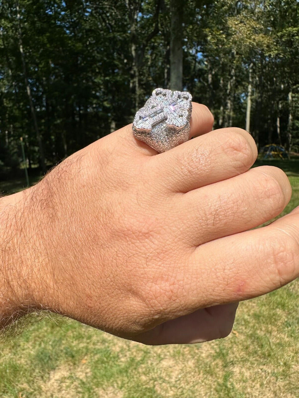 HarlemBling 6.5ct MOISSANITE Iced Real Baguette Cross Shaped Ring For Men Solid 925 Silver