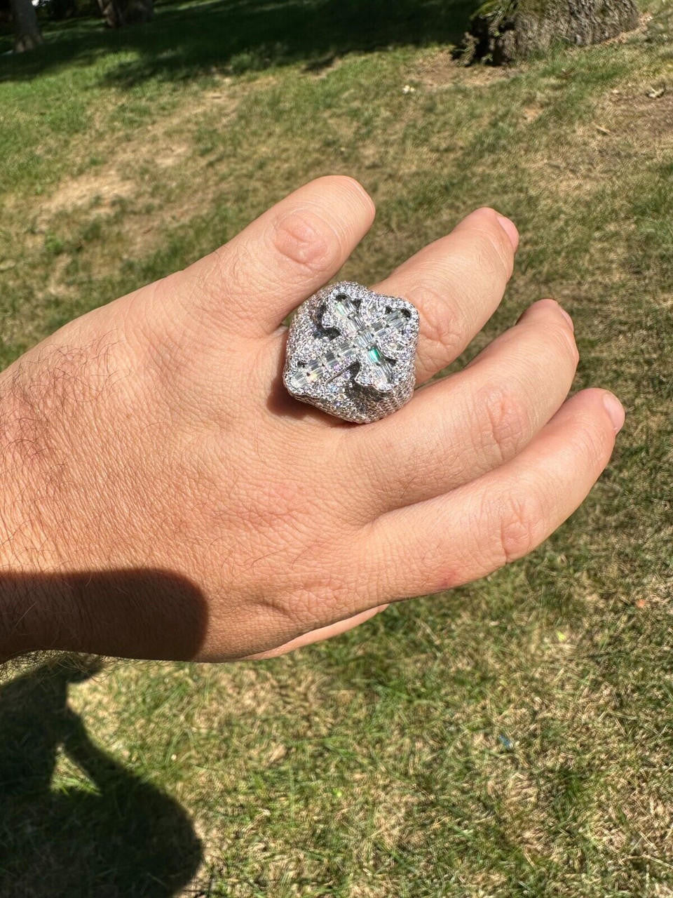 HarlemBling 6.5ct MOISSANITE Iced Real Baguette Cross Shaped Ring For Men Solid 925 Silver