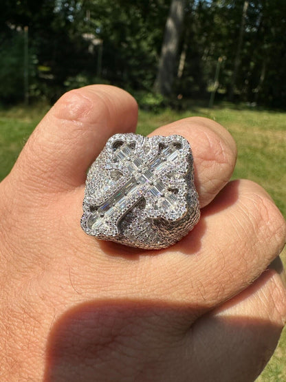 HarlemBling 6.5ct MOISSANITE Iced Real Baguette Cross Shaped Ring For Men Solid 925 Silver
