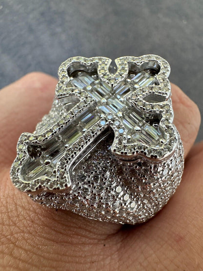HarlemBling 6.5ct MOISSANITE Iced Real Baguette Cross Shaped Ring For Men Solid 925 Silver