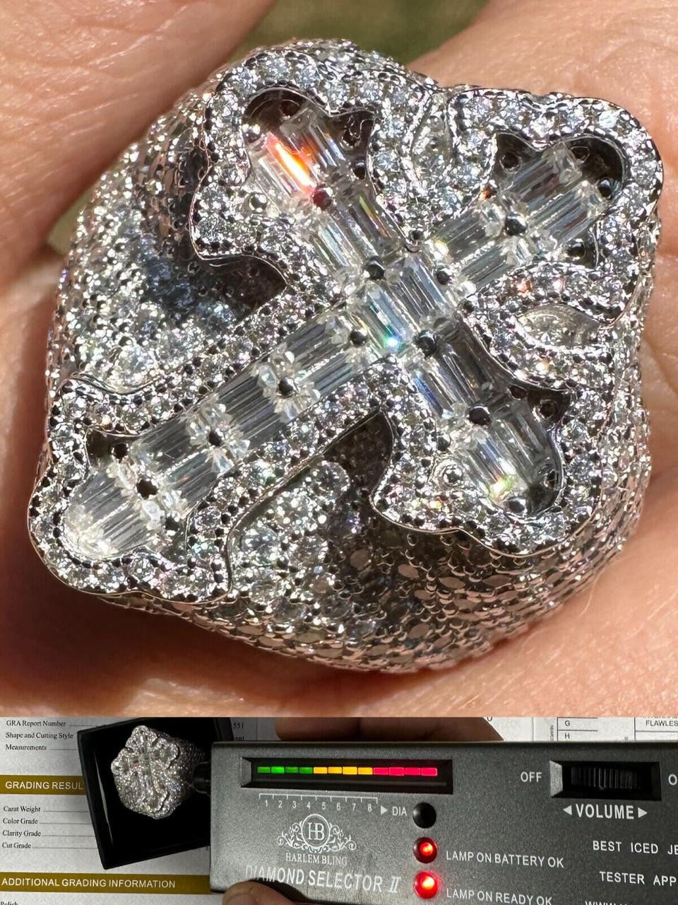 HarlemBling 6.5ct MOISSANITE Iced Real Baguette Cross Shaped Ring For Men Solid 925 Silver
