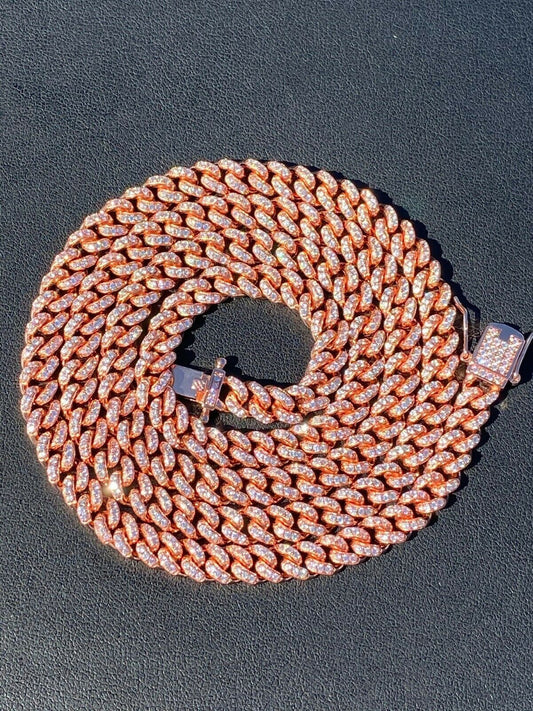 HarlemBling 6mm Miami Cuban Iced Rose Gold Over 925 Silver Chain Necklace 16-30 Mens Ladies