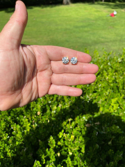 HarlemBling 8ct TW Moissanite Huge Big Mens 10mm 14k Gold Vermeil Stud Earrings GRA D VVS1