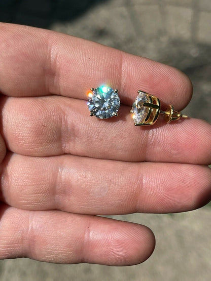 HarlemBling 8ct TW Moissanite Huge Big Mens 10mm 14k Gold Vermeil Stud Earrings GRA D VVS1