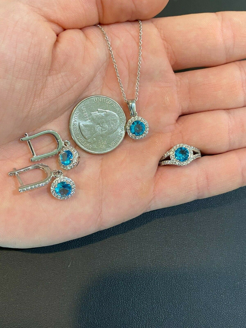 HarlemBling 925 Silver Blue Aquamarine Diamond Ring Pendant Necklace Earrings Jewelry Set