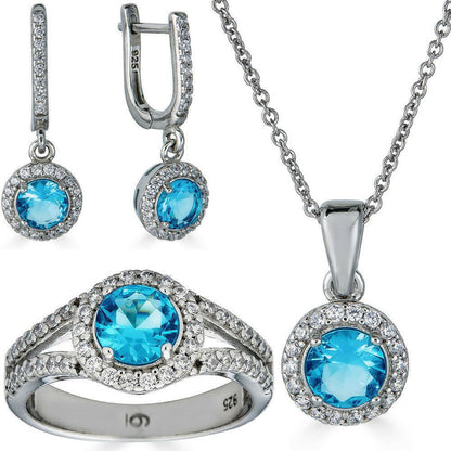 HarlemBling 925 Silver Blue Aquamarine Diamond Ring Pendant Necklace Earrings Jewelry Set