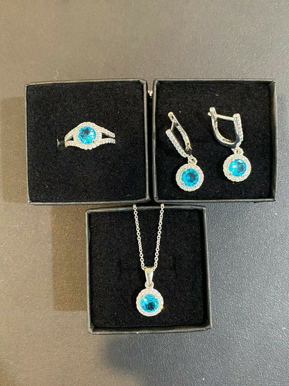 HarlemBling 925 Silver Blue Aquamarine Diamond Ring Pendant Necklace Earrings Jewelry Set