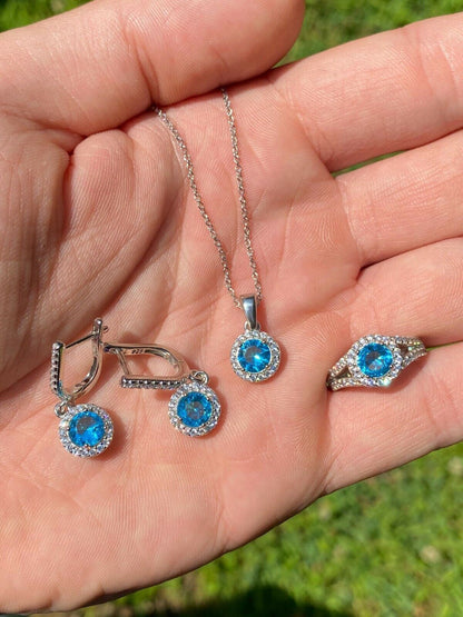 HarlemBling 925 Silver Blue Aquamarine Diamond Ring Pendant Necklace Earrings Jewelry Set