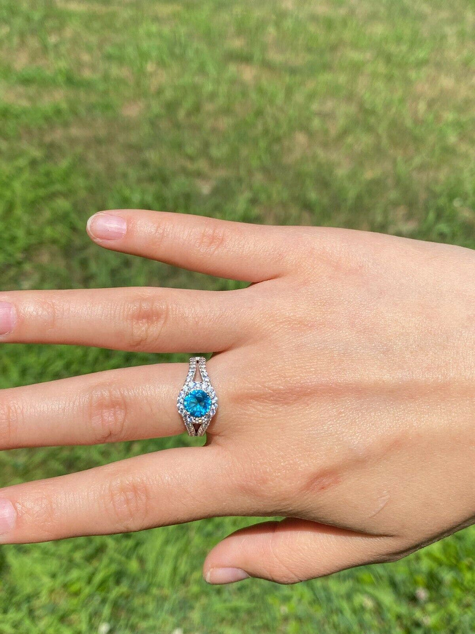 HarlemBling 925 Silver Blue Aquamarine Diamond Ring Pendant Necklace Earrings Jewelry Set