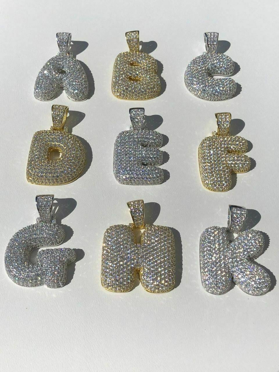 HarlemBling 925 Silver Custom Bubble Letters Initial Pendant CZ FULLY ICED A B C D E F G - Z
