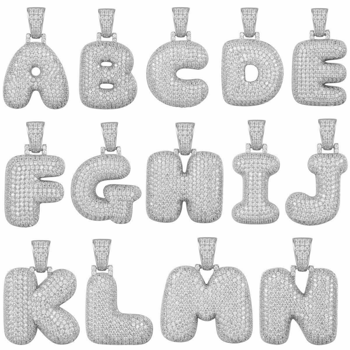 HarlemBling 925 Silver Custom Bubble Letters Initial Pendant CZ FULLY ICED A B C D E F G - Z