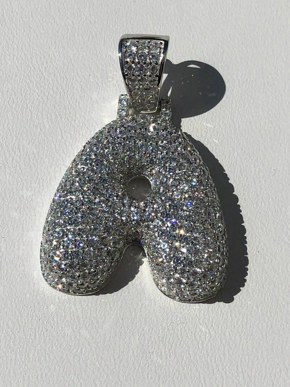 HarlemBling 925 Silver Custom Bubble Letters Initial Pendant CZ FULLY ICED A B C D E F G - Z
