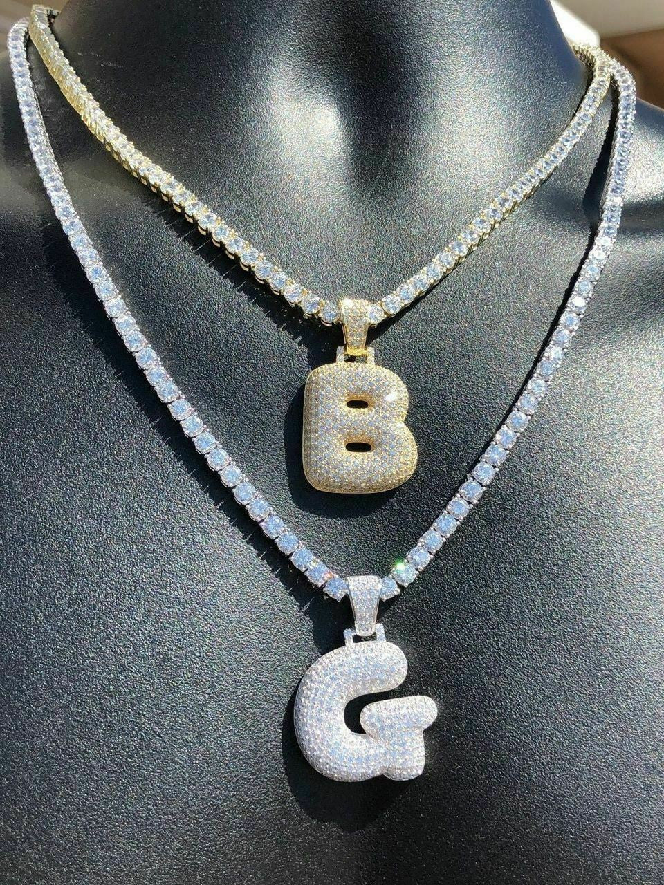 HarlemBling 925 Silver Custom Bubble Letters Initial Pendant CZ FULLY ICED A B C D E F G - Z