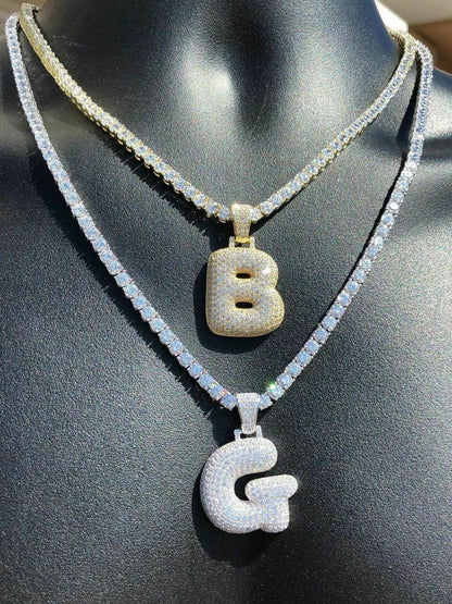 HarlemBling 925 Silver Custom Bubble Letters Initial Pendant CZ FULLY ICED A B C D E F G - Z