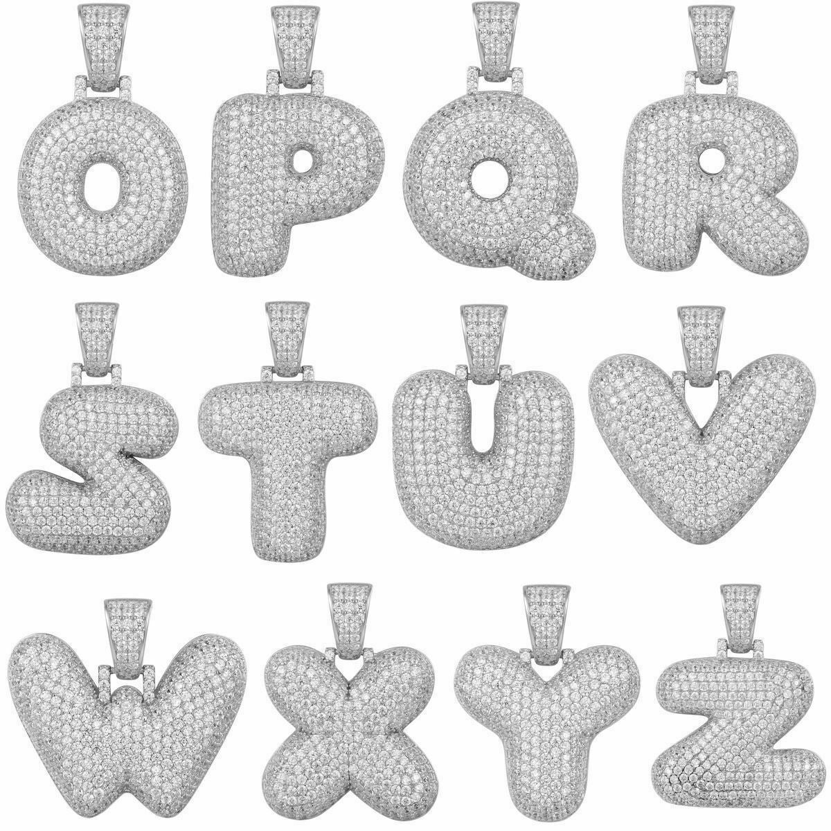 HarlemBling 925 Silver Custom Bubble Letters Initial Pendant CZ FULLY ICED A B C D E F G - Z
