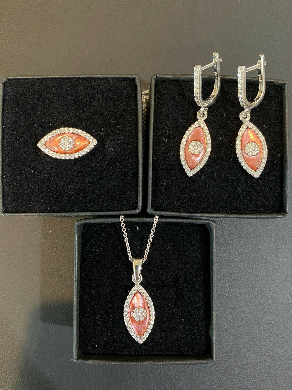 HarlemBling 925 Silver Evil Eye Diamond Pink Pearl Ring Necklace Earrings Ladies Girls Set