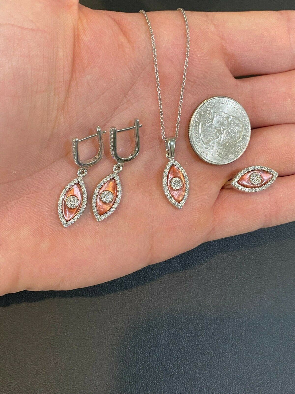 HarlemBling 925 Silver Evil Eye Diamond Pink Pearl Ring Necklace Earrings Ladies Girls Set