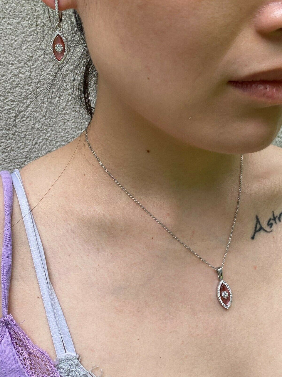 HarlemBling 925 Silver Evil Eye Diamond Pink Pearl Ring Necklace Earrings Ladies Girls Set