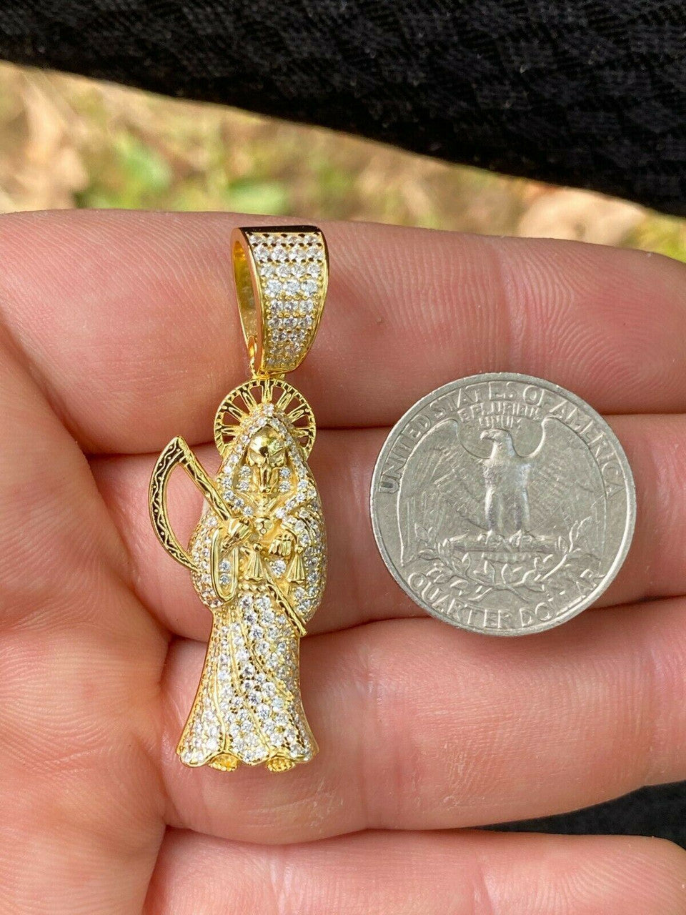 HarlemBling 925 Silver Gold Grim Reaper Pendant Necklace Real Moissanite