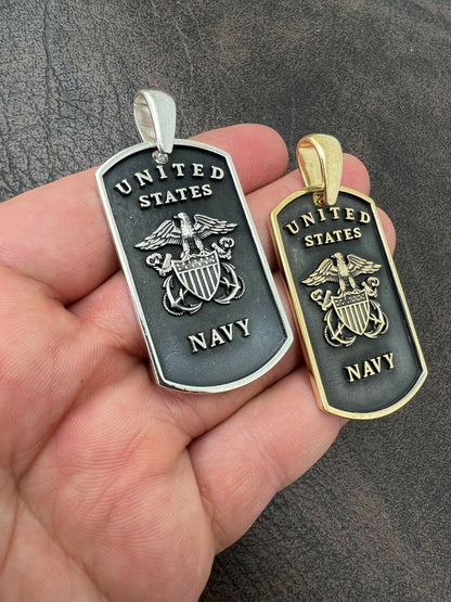 HarlemBling 925 Silver / Gold US Navy Sailor Captain Military Naval Dog Tag Pendant Necklace