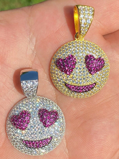 HarlemBling 925 Silver Hip Hop Smiling Face Heart Eyes Emoji Love Necklace Iced Smiley