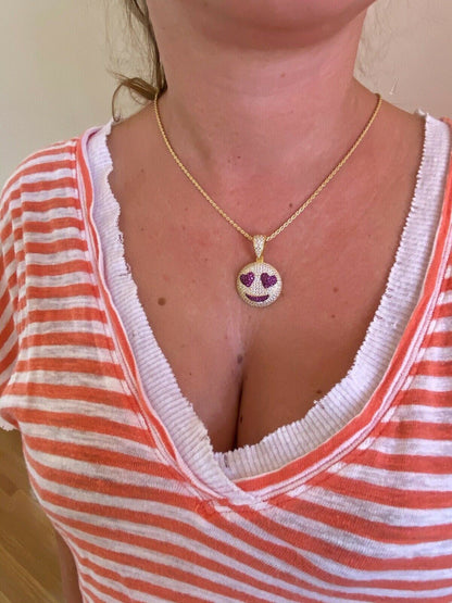 HarlemBling 925 Silver Hip Hop Smiling Face Heart Eyes Emoji Love Necklace Iced Smiley
