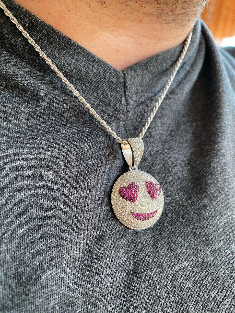 HarlemBling 925 Silver Hip Hop Smiling Face Heart Eyes Emoji Love Necklace Iced Smiley
