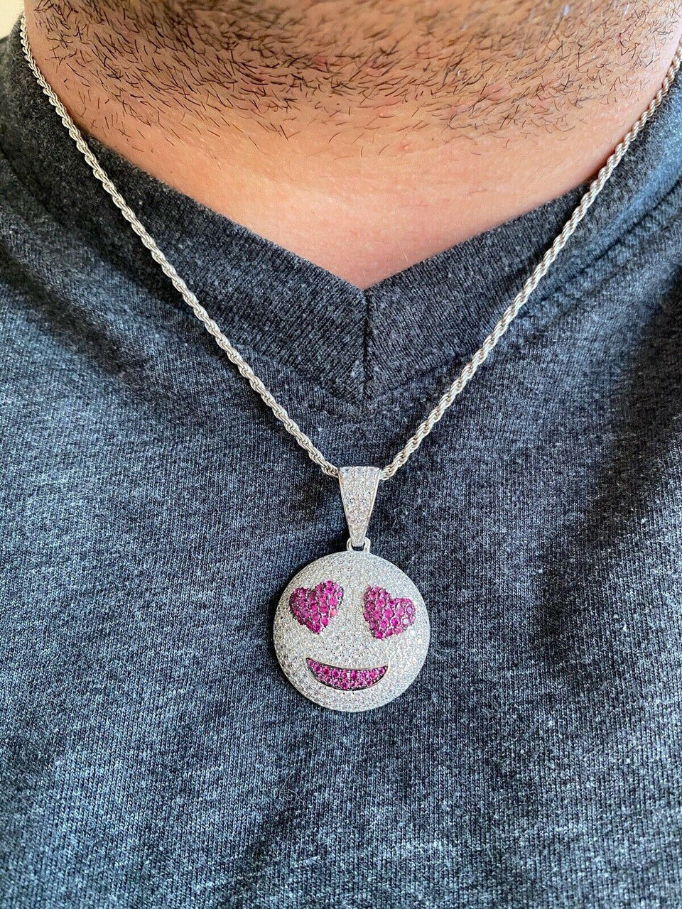 HarlemBling 925 Silver Hip Hop Smiling Face Heart Eyes Emoji Love Necklace Iced Smiley