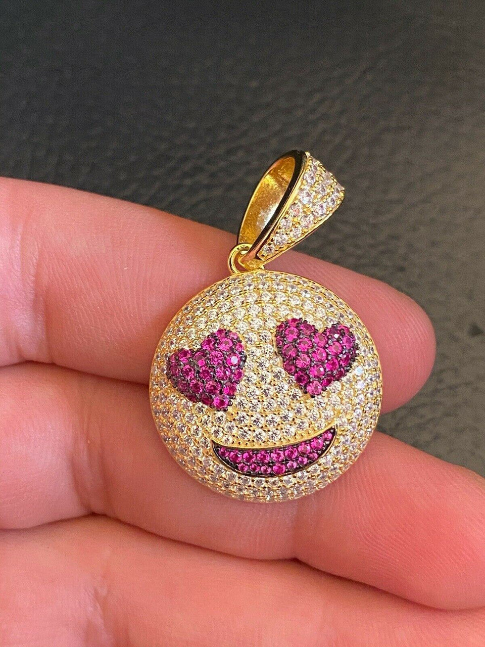 HarlemBling 925 Silver Hip Hop Smiling Face Heart Eyes Emoji Love Necklace Iced Smiley