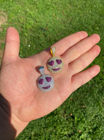 HarlemBling 925 Silver Hip Hop Smiling Face Heart Eyes Emoji Love Necklace Iced Smiley