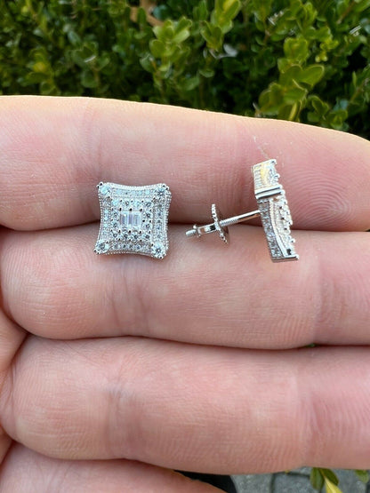 HarlemBling 925 Silver Iced Real Hip Hop Mens Earrings Large Square Kite Baguette Diamond