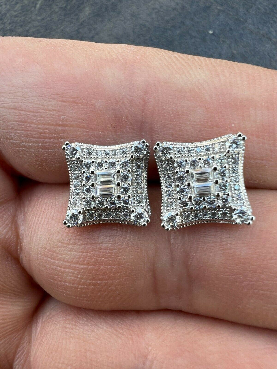 HarlemBling 925 Silver Iced Real Hip Hop Mens Earrings Large Square Kite Baguette Diamond
