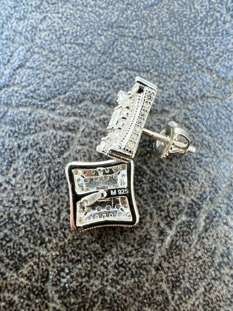 HarlemBling 925 Silver Iced Real Hip Hop Mens Earrings Large Square Kite Baguette Diamond