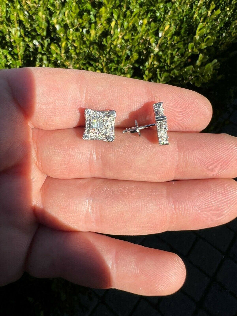 HarlemBling 925 Silver Iced Real Hip Hop Mens Earrings Large Square Kite Baguette Diamond