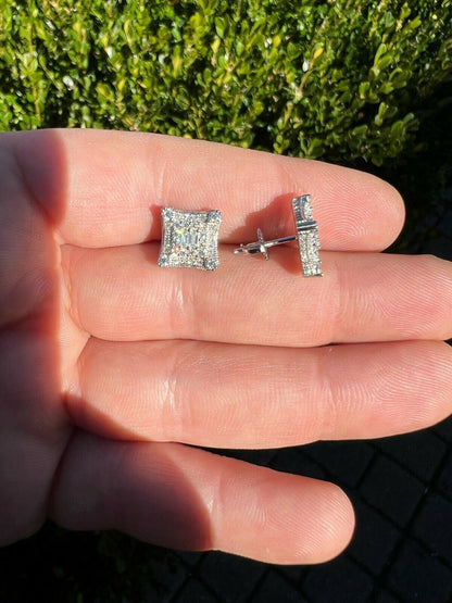 HarlemBling 925 Silver Iced Real Hip Hop Mens Earrings Large Square Kite Baguette Diamond