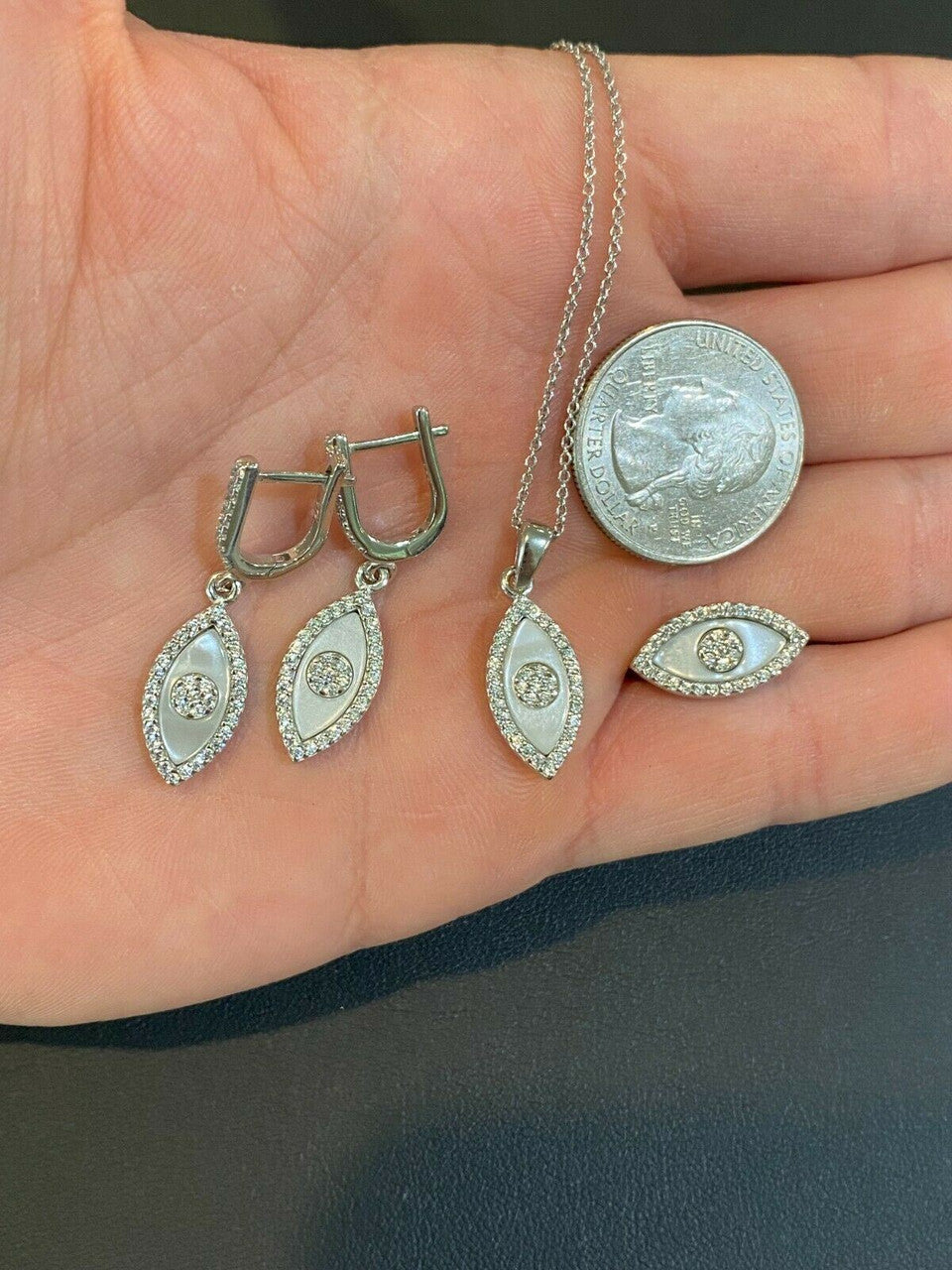 HarlemBling 925 Silver Lucky Evil Eye Diamond Pearl Ring Necklace Earrings Ladies Girls Set