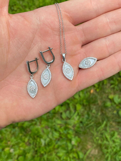 HarlemBling 925 Silver Lucky Evil Eye Diamond Pearl Ring Necklace Earrings Ladies Girls Set