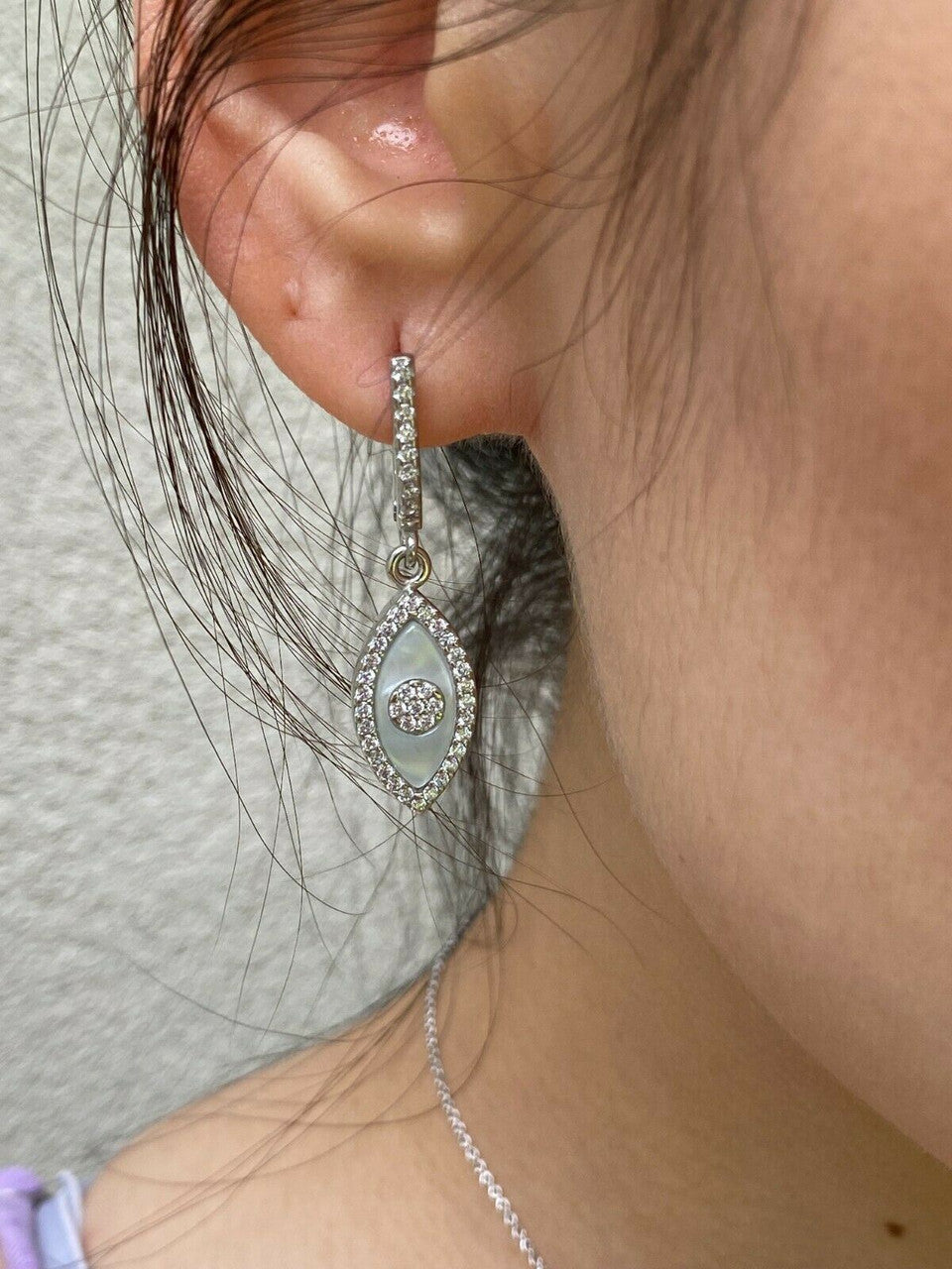 HarlemBling 925 Silver Lucky Evil Eye Diamond Pearl Ring Necklace Earrings Ladies Girls Set