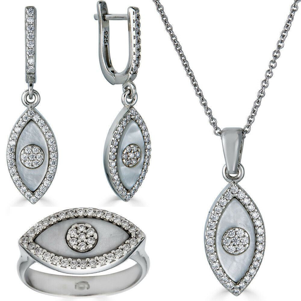 HarlemBling 925 Silver Lucky Evil Eye Diamond Pearl Ring Necklace Earrings Ladies Girls Set