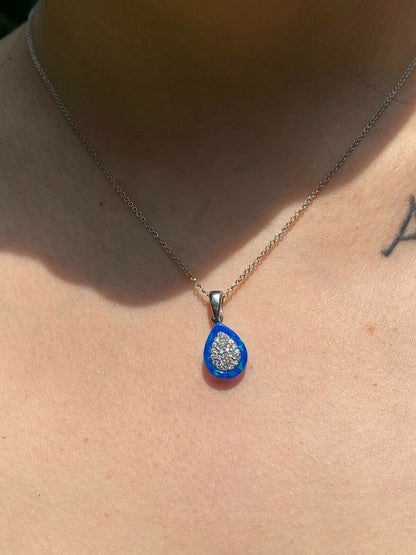 HarlemBling 925 Silver Teardrop Diamond Blue Opal Ring Necklace and Earrings Ladies Girls Set