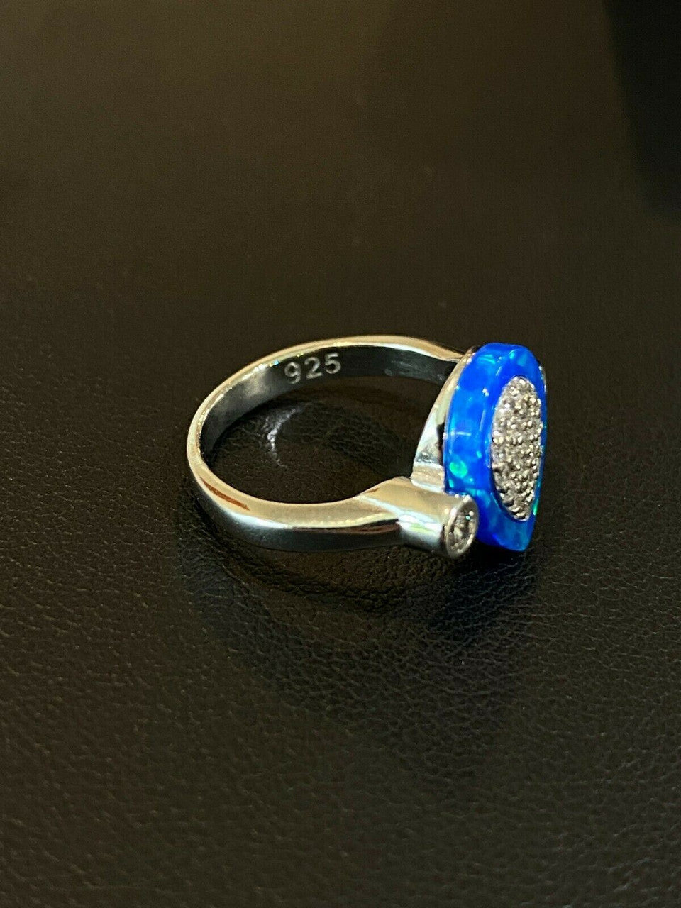 HarlemBling 925 Silver Teardrop Diamond Blue Opal Ring Necklace and Earrings Ladies Girls Set