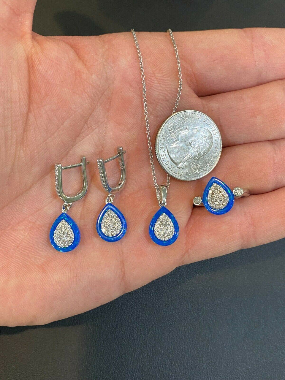 HarlemBling 925 Silver Teardrop Diamond Blue Opal Ring Necklace and Earrings Ladies Girls Set
