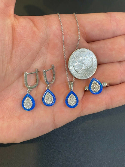 HarlemBling 925 Silver Teardrop Diamond Blue Opal Ring Necklace and Earrings Ladies Girls Set