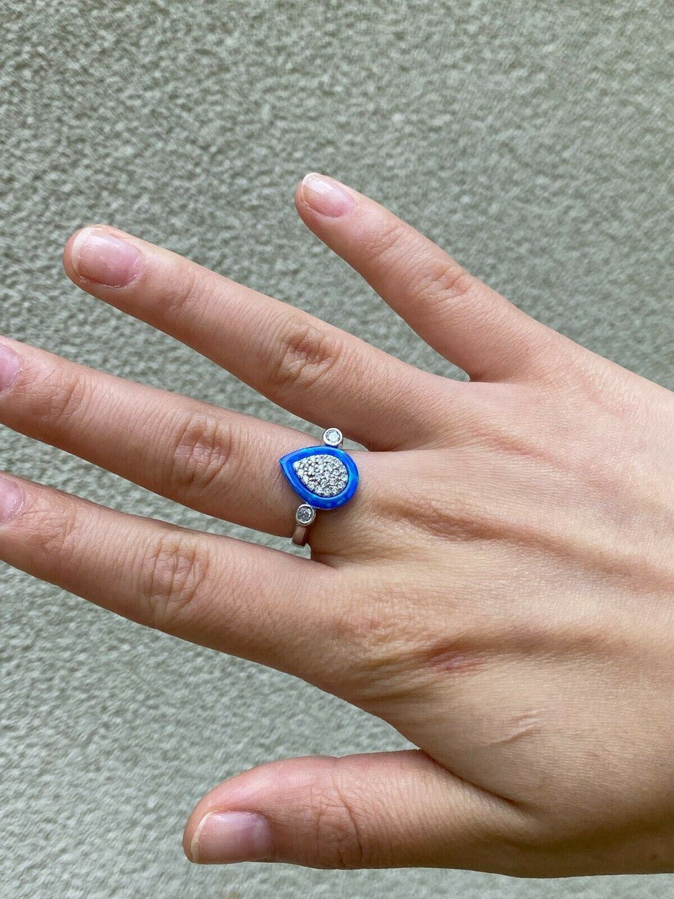 HarlemBling 925 Silver Teardrop Diamond Blue Opal Ring Necklace and Earrings Ladies Girls Set