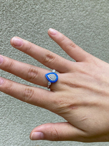 HarlemBling 925 Silver Teardrop Diamond Blue Opal Ring Necklace and Earrings Ladies Girls Set