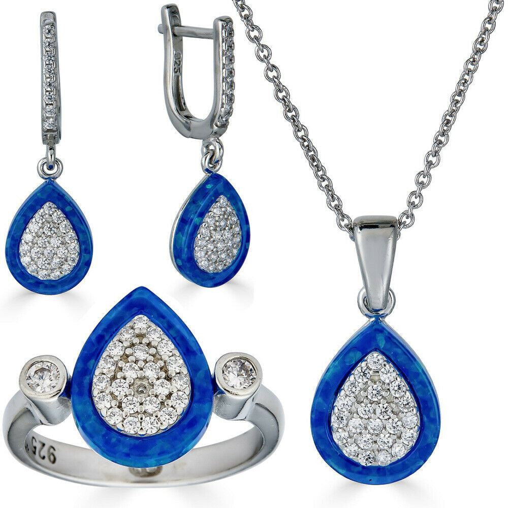 HarlemBling 925 Silver Teardrop Diamond Blue Opal Ring Necklace and Earrings Ladies Girls Set
