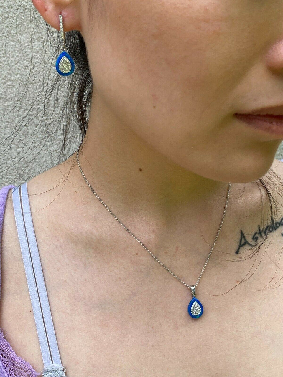 HarlemBling 925 Silver Teardrop Diamond Blue Opal Ring Necklace and Earrings Ladies Girls Set