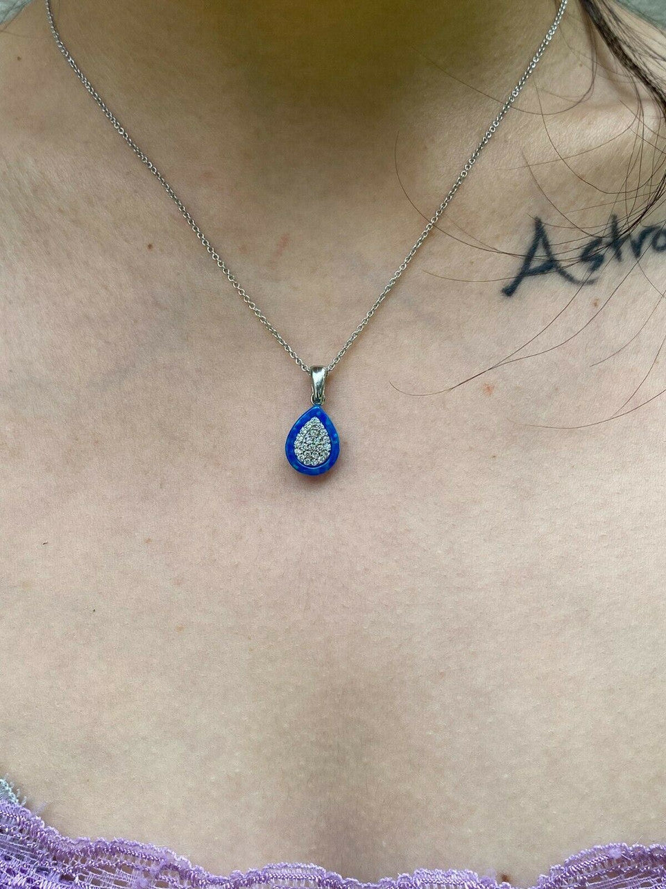 HarlemBling 925 Silver Teardrop Diamond Blue Opal Ring Necklace and Earrings Ladies Girls Set