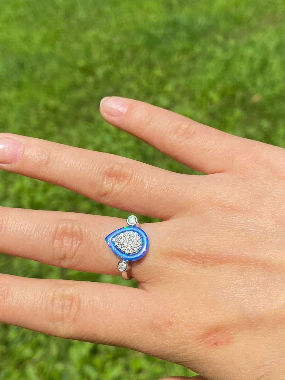 HarlemBling 925 Silver Teardrop Diamond Blue Opal Ring Necklace and Earrings Ladies Girls Set