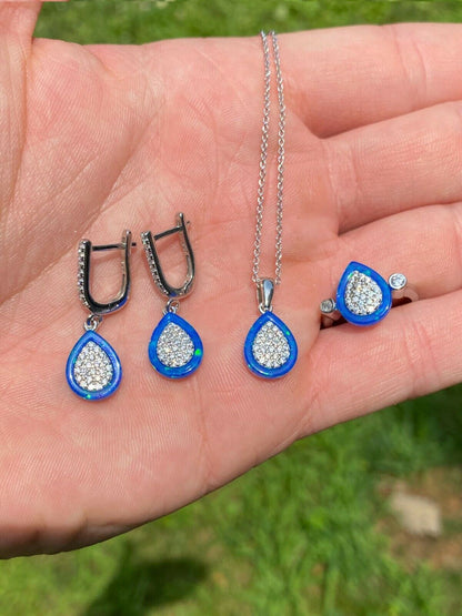 HarlemBling 925 Silver Teardrop Diamond Blue Opal Ring Necklace and Earrings Ladies Girls Set